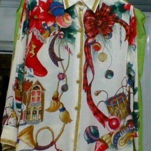 Vintage Jerri Sherman Collection Christmas print silk blouse - sz 6